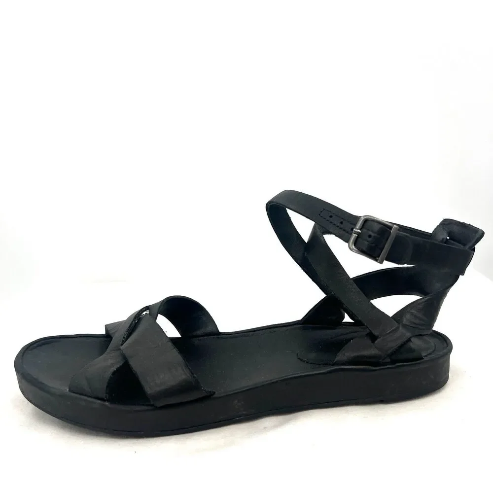 Eileen Fisher Black Leather Strappy Ankle Strap Sandals Womens Size 8.5